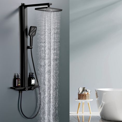 Colonna doccia termostatica nera 38 °C, kit doccia a 3 funzioni con uscita a cascata, doppio comando e mensola portaoggetti