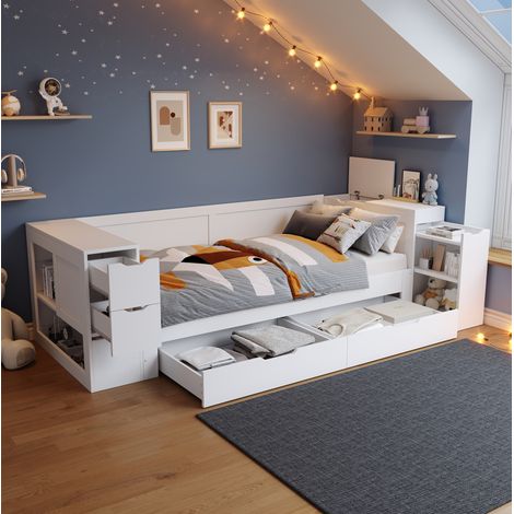 Kinderbett MDF Weiß 90x200 cm mit Lattenrost, Schublade, Regalen und Nachttisch (1/5)