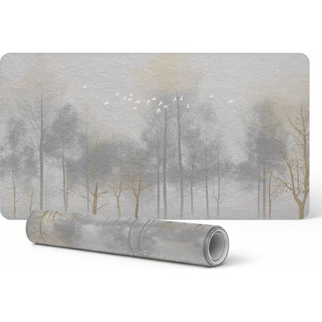 Alfombrilla de escritorio antideslizante con estampado de bosque brumoso con p谩jaros, 100x50 cm.
