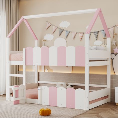 Cama litera infantil casita (204x95x181.5 cm), con escalera recta, barandillas elevadas, somier, madera, blanco y rosa (1/5)