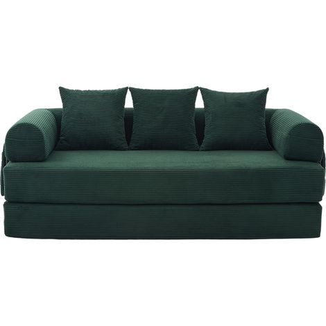 Canapé Droit - 3 Places - Velours Côtelé - Coussins Inclus & Pochettes Latérales - 200 x 94 x 67 cm - Design Moderne - Vert Émeraude (1/5)