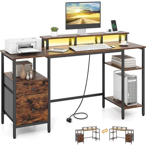 COSTWAY Bureau Gaming d'angle Réversible avec Prises USB & LED, Blanc (1/3)