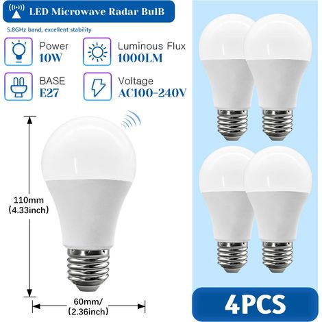 (4 unités, lumière naturelle 4000K) Ampoules radar à micro-ondes pour détecteurs de mouvement, 10W, 1000LM, sans scintillement. (1/5)