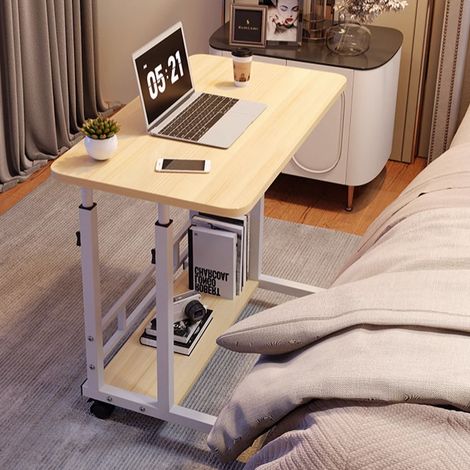 White Double-layer Home Bedroom Height-adjustable Movable Bedside Table 60cm(W) ​​x 37cm(D) (1/5)