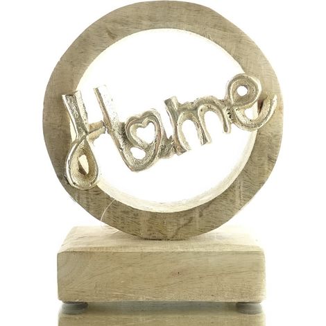 GASPER Mahola Schriftzug HOME Goldfarben im Holzring auf Holzsockel natur 14,5 cm