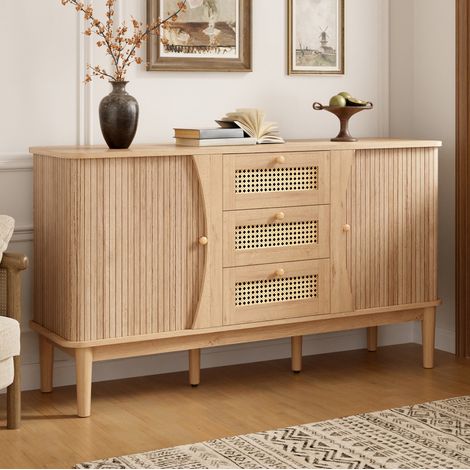 Buffet en MDF et résine tressée, 3 tiroirs, portes coulissantes avec étagères réglables, bords arrondis, 141 x 40 x 77 cm, pour salon, salle à manger ou entrée – CHICFURN (1/5)