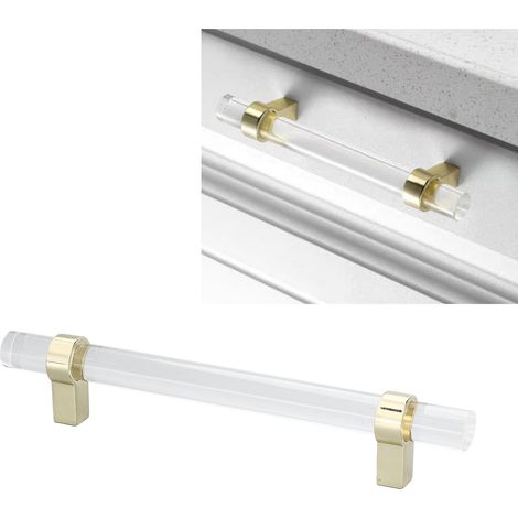 Klare Acrylglasgriffe, moderner minimalistischer Stil, für Schranktüren, Kleiderschränke, Schubladen, schwarze Einlochgriffe, 128 mm Mittenabstand, goldfarbene Ausführung. (1/5)