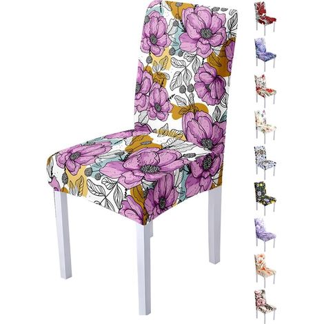 Floral Dining Room Chair Cover, 1 2 4 6 Piece Washable Chair Cover, Stretchable Chair Cover for Decorated Dining Room (2 Pieces, Purple Flowers) (1/5)