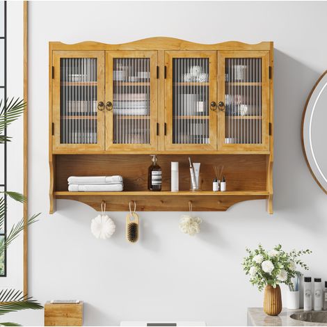 Mobile contenitore da parete retrò 4 ante 100 cm in legno e vetro, naturale (1/5)