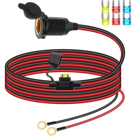 Câble de Rallonge pour Prise Allume-Cigare 12V/24V, Prise Femelle pour Allume-Cigare à Filetage Fixe vers Borne à Anneau en O, avec Couvercle étanche et Fusible 20A (3M) (1/5)