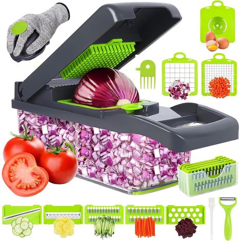 Hachoir à légumes, mandoline 18 en 1 - Coupe-légumes multifonction avec 7 lames interchangeables, gant de sécurité, éplucheur et brosse de nettoyage pour légumes et fruits (1/5)
