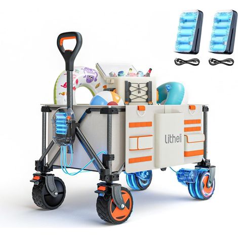 Chariot d'extérieur électrique Pliable - Double Moteur - avec Freins - 150 l - Charge maximale : 60 kg - Convient pour Le Camping, Le Jardin, la Plage, Les Courses (Beige) (1/5)
