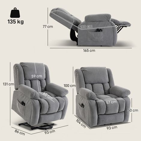 Fauteuil réglable électriquement, inclinaison à 150 degrés, assise large, fonction massage, fonction chauffante, revêtement en velours, gris clair. (1/5)