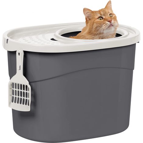 Maison de Toilette pour Chat avec Pelle, Max. 7 kg, Gris, Ouverture en Haut, Bac a Litiere avec Couvercle, Amovible, pour Chaton, Grande Capacité, sans BPA, Nettoyage Facile, TECL-20 (1/5)