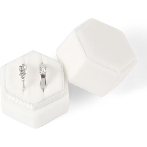 Boîte à Bagues Mariage, Boîte à Bagues Hexagonale Velours Côtelé Boîte à Bagues 2 Emplacements avec Couvercle Amovible pour Proposition Fiançailles Mariage, Bague non Incluse(Blanc) (1/5)