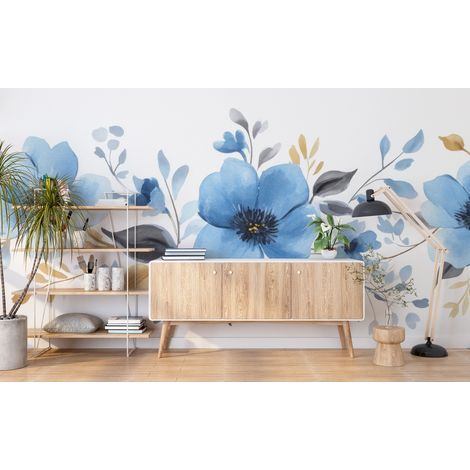 Papier peint fleuri - frise aquarelle bleue - 150 x 250 cm (1/2)