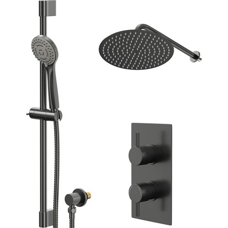 Colore Round Gunmetal Grey Concealed Twin Thermostatic Shower Valve with Diverter and 300mm Fixed Head with 345mm Wall Arm and Slide Rail Kit -  2 Outlets (1/5)