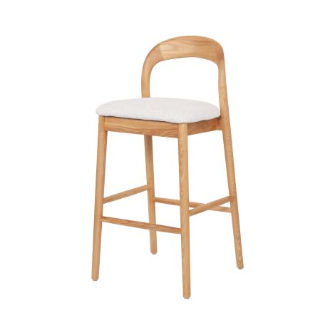 Tabouret de bar en bois — Finition bois naturel/blanc, design classique, structure en bois de frêne, assise rembourrée