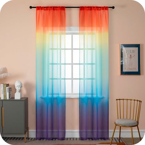 Lot de 2 rideaux en voile semi-transparents, couleur teintée, arc-en-ciel, pour salon, chambre à coucher, cuisine et intérieur, 2 panneaux avec poche, 70 x 258 cm (1/5)