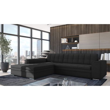 Ecksofa Schlafsofa Sofa LUSAKA in Stoff Lincoln Schwarz Ottomane Links