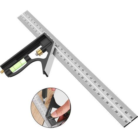Équerre Combinée, Outils de Menuiserie Carrée en Acier Inoxydable de 12'/300 mm, Règle de 45/90 Degrés avec Niveau à Bulle. (1/4)