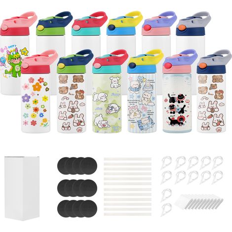 VEVOR Vasos de Sublimación 12 Piezas, Botellas de Agua para Niños de 355 ml de Acero Inoxidable, Apto para Uso Alimentario con Tapas y Pajitas, con Aislamiento de Doble Pared, para Manualidades