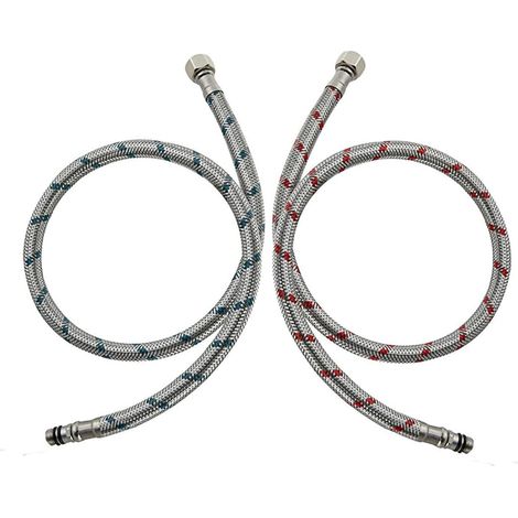 Sollbry Conector de manguera de grifo G3/8 x M10 de 60 cm, 2 unidades, acero inoxidable, flexible, para rociador de fregadero de cocina (rojo y azul) (1/5)