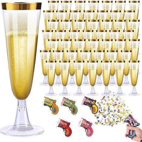50 Flute Champagne Plastique Coupe Jetable Flûte Reutilisable Cocktail Vin 160ml Flûtes Verre Plastic a Pied Glasses Transparent + 5 Canons à Confettis Ceremonie pour Mariages, Anniversaires & Fêtes (1/4)