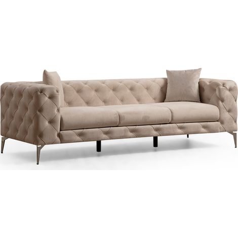 Canapé 3 places capitonné velours beige clair et pieds chromé Herakles 237cm (1/5)