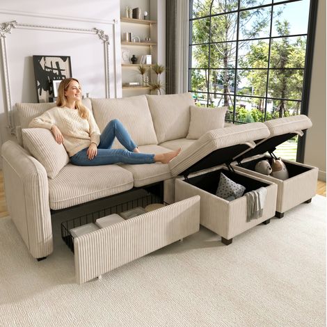 Canapé 3 posti convertibile in tessuto a coste beige con 2 pouf contenitore e cassetti portaoggetti (1/5)