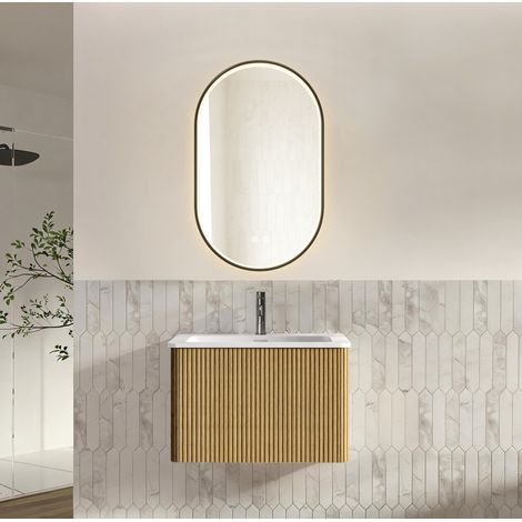 Mobile lavabo sospeso 60 cm con specchio ovale 50 x 80 cm, rovere, preassemblato (1/5)