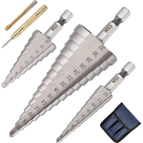 3PCS Foret Étagé Métal, 4 12/20/32mm Fraise Triangle Conique Titane HSS, Tige Hexagone pour Acier, Bois, Laiton, Aluminium, PVC, Poinçon Central et Foret de Torsion Inclus (1/4)