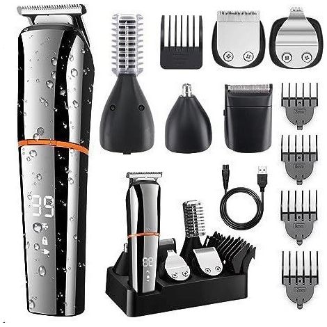 6-in-1-Haarschneide- und Haarschneideset für Männer, präzises, kabelloses Pflegeset, wasserdicht nach IPX6 für Haare, Haare, Haare, Zähne, Ohren und Roster (Silber)