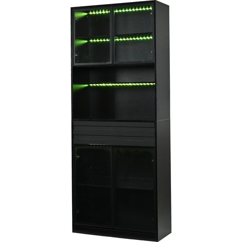 Vetrina alta 80 x 35 x 200 cm in MDF nera con 4 ante in vetro, 1 cassetto e LED RGB