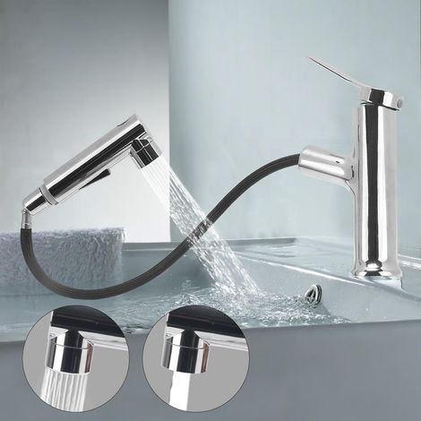 Robinet Salle de Bain avec Douchette Extractible Mitigeur Lavabo a 3 Modalità Cartouche Monocommande Miscelatore Eau Chaude et Froide en Céramique Blanc/Gris/Argenté/Noir (Argenté) (1/5)
