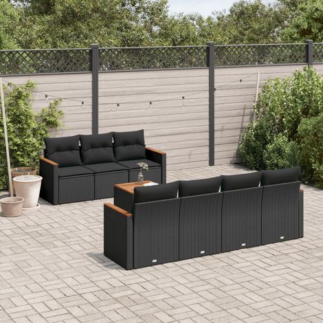 Ensemble Salon Jardin 8 Places Noir Résine Tressée avec Table Acacia et Coussins Lavables - Meuble Extérieur Modulaire Design Contemporain (1/5)