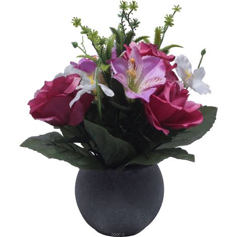 Pot Boule Béton pour Tombe de Rose, Alstromeria, et Orchidées Rose fushia artificiels - Toussaint - couleur: Rose fushia 730