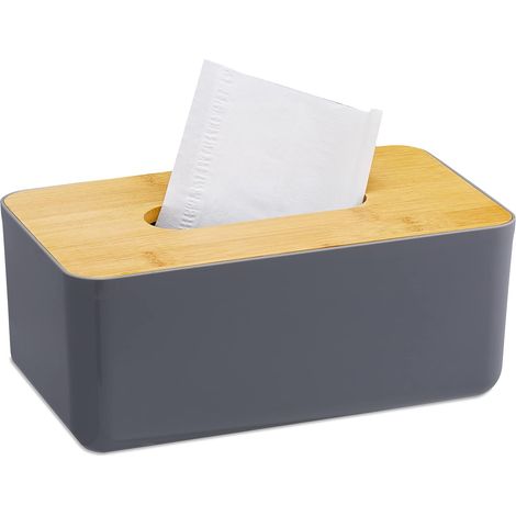 Caja de pañuelos recargable, dispensador de toallitas húmedas, tapa de bambú, plástico, 10x23x13 cm, gris