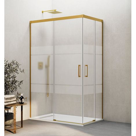 BASIC corner entry shower enclosure with two sliding doors and two fixed panels, 80x75 cm, Frost screen-printed glass, gold finish (1/5)