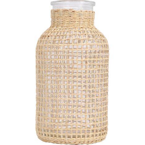 Vase tressé en fibres végétales, style rustique, haut, bohème, en verre, pour compositions florales et décoration intérieure. (1/5)