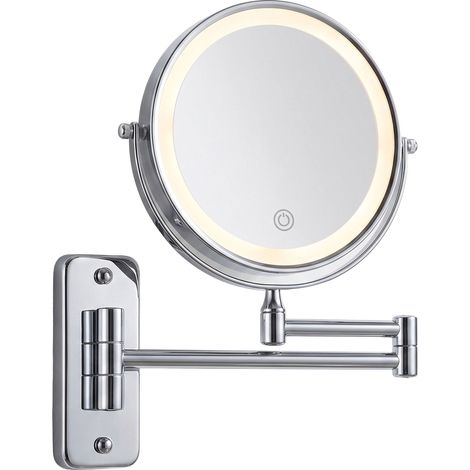 Relaxdays Miroir maquillage LED, bras mural USB, 1x/10x, métal/verre, Ø17,5 cm, argent, salle de bain (1/5)