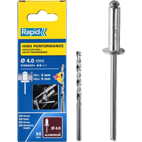 RAPID - Rivets Hautes Performances - Ø4,0 x 12mm Aluminium - Boîte 50, fixation solide entre les matériaux, lien durable, Inclu 1 Forêt de perçage - (5000384)