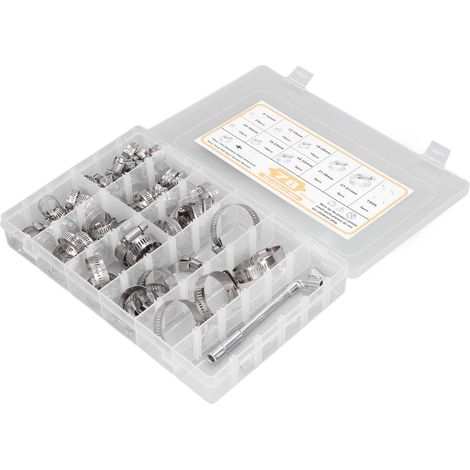 Kit de 78 colliers de serrage pour tuyaux et tubes, 6 à 51 mm, 8 types différents, en acier inoxydable. (1/5)
