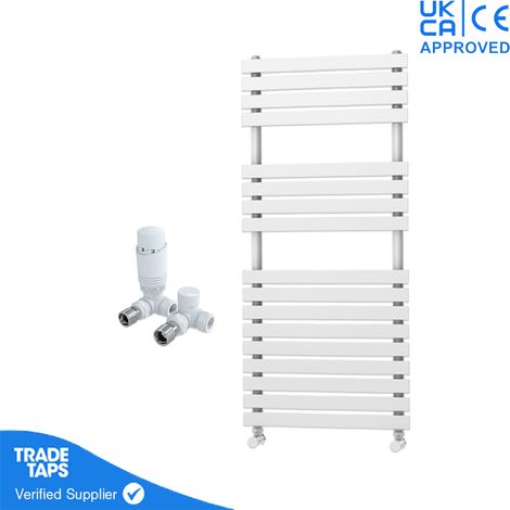 Delta White Flat Panel Towel Rail - 1106 x 500mm - Corner TRV Valve Pair (1/3)