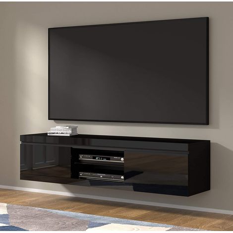 Meuble TV NET 180 cm suspendu ou debout noir mat / noir brillant