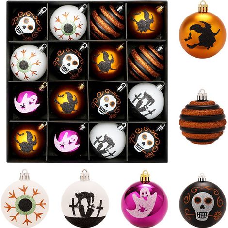 (Variante 1) Halloween-Dekoration: 16 dekorative, hängende Plastikkugeln in Form bemalter Geisterschädel für Halloween-Partys (1/2)