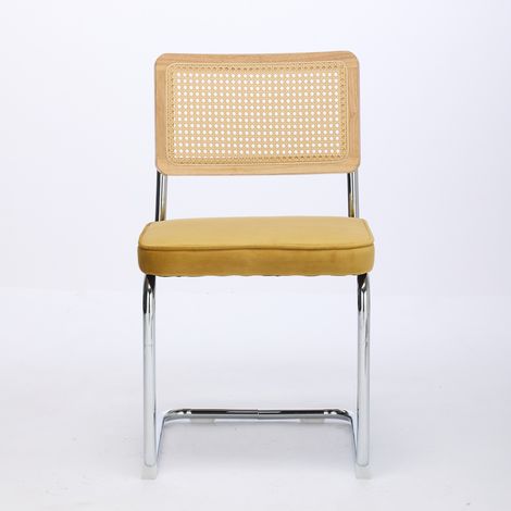 Chaises de salle à manger modernes style milieu du siècle, lot de 2 fauteuils en velours doré à dossier cannage naturel, piètement en acier chromé, chaises de cuisine rembourrées en rotin, modèle Breu