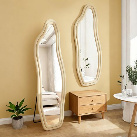Miroir Mural Miroir Sur Pied 140 x 45 cm - Cadre en Velours - Miroir Vague - Forme Irrégulière - Grand Miroir Asymétrique - Deco Chambre - Doré (1/5)