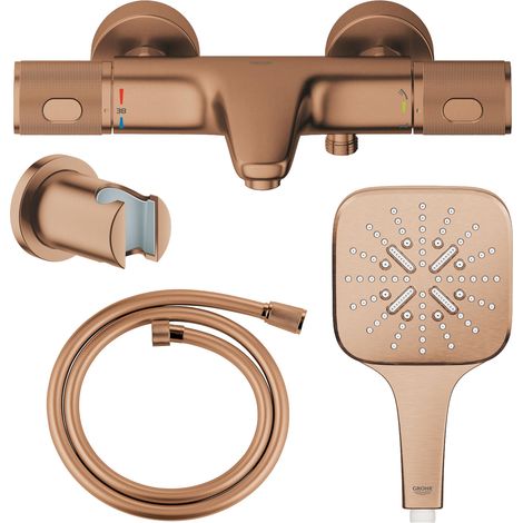 GROHE Pack bain/douche avec mitigeur thermostatique + douchette + support + flexible, Warm Sunset brossé (1/5)