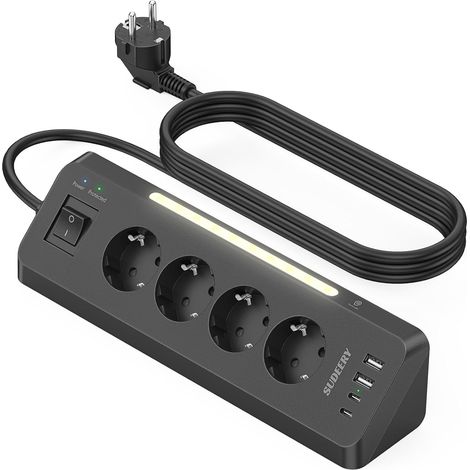 Multiprise d'angle avec USB (2 type C), 4 prises, pour bureau, encastrée, avec interrupteur, prise d'angle avec LED, pour cuisine, noire (1/5)